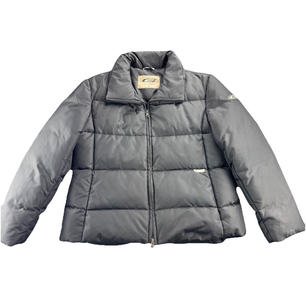 Guess Jacket Womens Size Large Black Quilted Puffer Down Coat Hidden Hoodie Ski